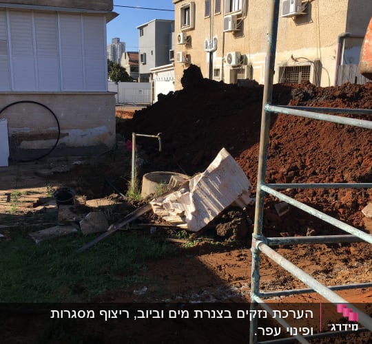 אתר בנייה עם ערימת אדמה, צינורות ומסגרת מתכת